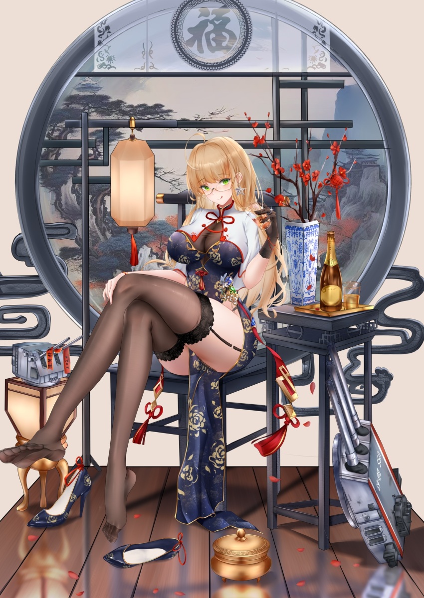 1girl black_dress black_gloves black_thighhighs blonde_hair blush bottle bun_cover cannon china_dress chinese_clothes cleavage_cutout clothing_cutout commission cup dress earrings feet flower garter_straps gloves green_eyes high_heels highres holding holding_cup indoors iue_(artist) jewelry lantern long_hair looking_at_viewer missouri_(warship_girls_r) paper_lantern pelvic_curtain pixiv_commission print_dress pumps shoes side_slit sleeveless sleeveless_dress smile soles solo star_(symbol) star_earrings stiletto_heels thighhighs toes tongue tongue_out warship_girls_r
