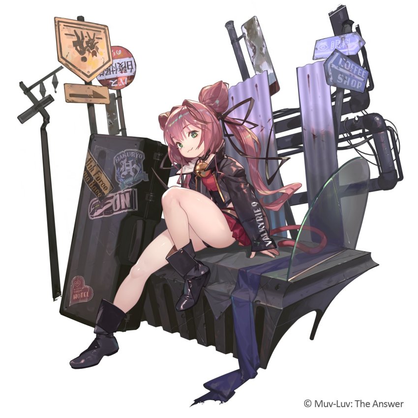 1girl :3 black_boots black_jacket boots box bright_pupils cat_tail cone_hair_bun hair_bun highres jacket leather leather_jacket long_hair looking_at_viewer muv-luv muv-luv:_dimensions muv-luv_alternative official_art red_skirt road_sign sign sitting skirt smile so-taro solo tail tamase_miki twintails very_long_hair white_background white_pupils
