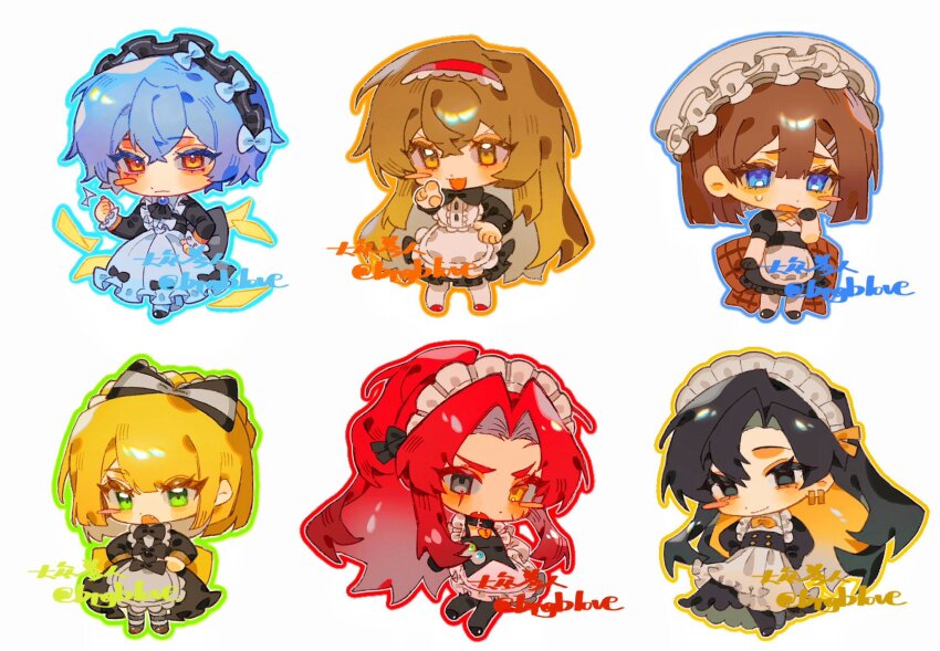 6+girls :o alternate_costume angela_(project_moon) apron binah_(project_moon) black_dress black_eyes blonde_hair blue_apron blue_bow blue_eyes blue_hair bngb_love bow bowtie braid brown_bow brown_eyes brown_hair chibi closed_mouth collar crown_braid dress earrings fang full_body gebura_(project_moon) green_eyes grey_eyes hair_bow hairband hat heterochromia highres hod_(project_moon) jewelry library_of_ruina long_hair looking_at_viewer maid maid_headdress malkuth_(project_moon) multiple_girls pantyhose project_moon red_hairband scar short_hair simple_background standing tiphereth_a_(project_moon) white_background white_hat yellow_bow yellow_eyes
