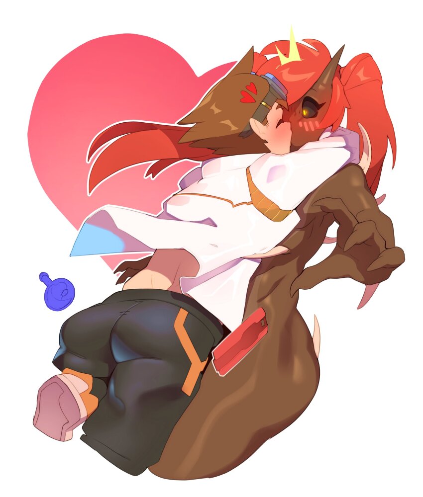 1boy 1girl black_pants black_sclera blush brown_hair brown_horns cellphone closed_eyes clothed_male_nude_female colored_sclera combos_&amp;_doodles dark-skinned_female dark_skin demon_girl doom_(series) goggles goggles_on_head hdoom heart highres horns hug imp_(doom) jacket kiss long_hair nude pants phone red_hair short_hair simple_background single_horn surprised twintails very_dark_skin white_background white_jacket yellow_eyes