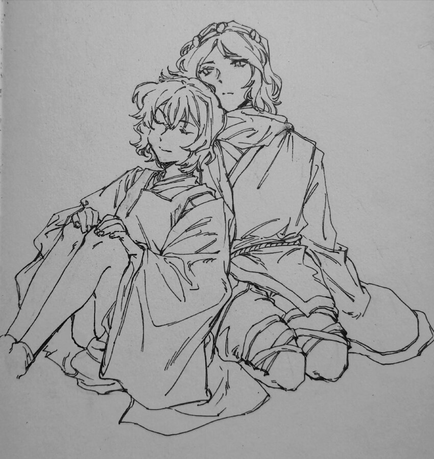 2others androgynous bare_legs closed_eyes closed_mouth cropped_legs detached_sleeves expressionless fingernails greyscale hair_between_eyes hair_rollers hairband hakama hakama_short_skirt hakama_skirt hands_on_own_knees highres japanese_clothes jinbei_(clothes) jishixingle1029 kariginu kneeling knees_up leaning_on_person leg_ribbon len&#039;en light_frown long_sleeves monochrome multiple_others no_headwear other_focus photo_(medium) pointy_nose ribbon scarf senri_tsurubami short_hair shorts skirt sleeves_past_fingers sleeves_past_wrists socks traditional_media wide_sleeves zuifeng_tenkai