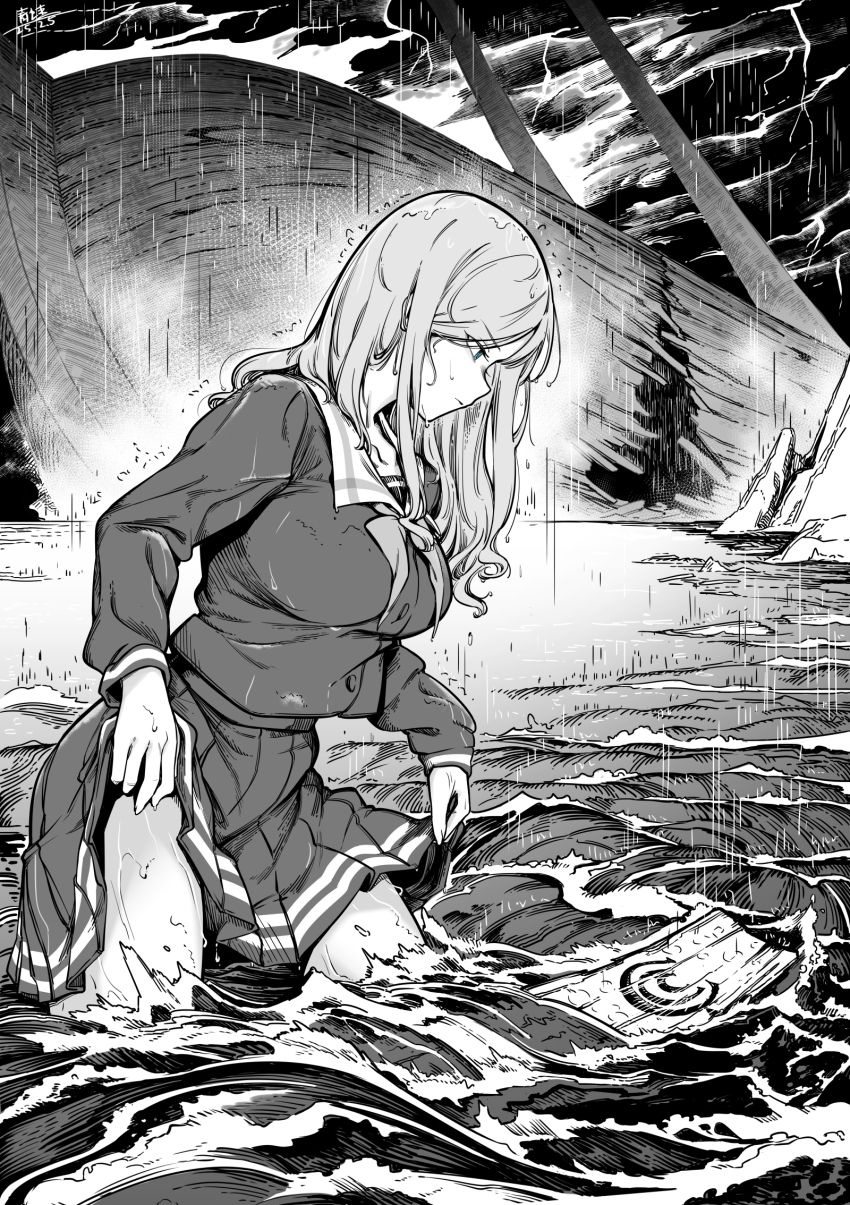 1girl bang_dream! bang_dream!_it&#039;s_mygo!!!!! blue_eyes breasts clothes_lift greyscale highres large_breasts lifting_own_clothes long_hair long_sleeves looking_down monochrome nagasaki_soyo neckerchief ocean outdoors pleated_skirt qingwa_chi_she rain sailor_collar school_uniform serafuku ship shirt skirt skirt_hold skirt_lift solo storm wading water watercraft wet wet_clothes wet_hair wreckage