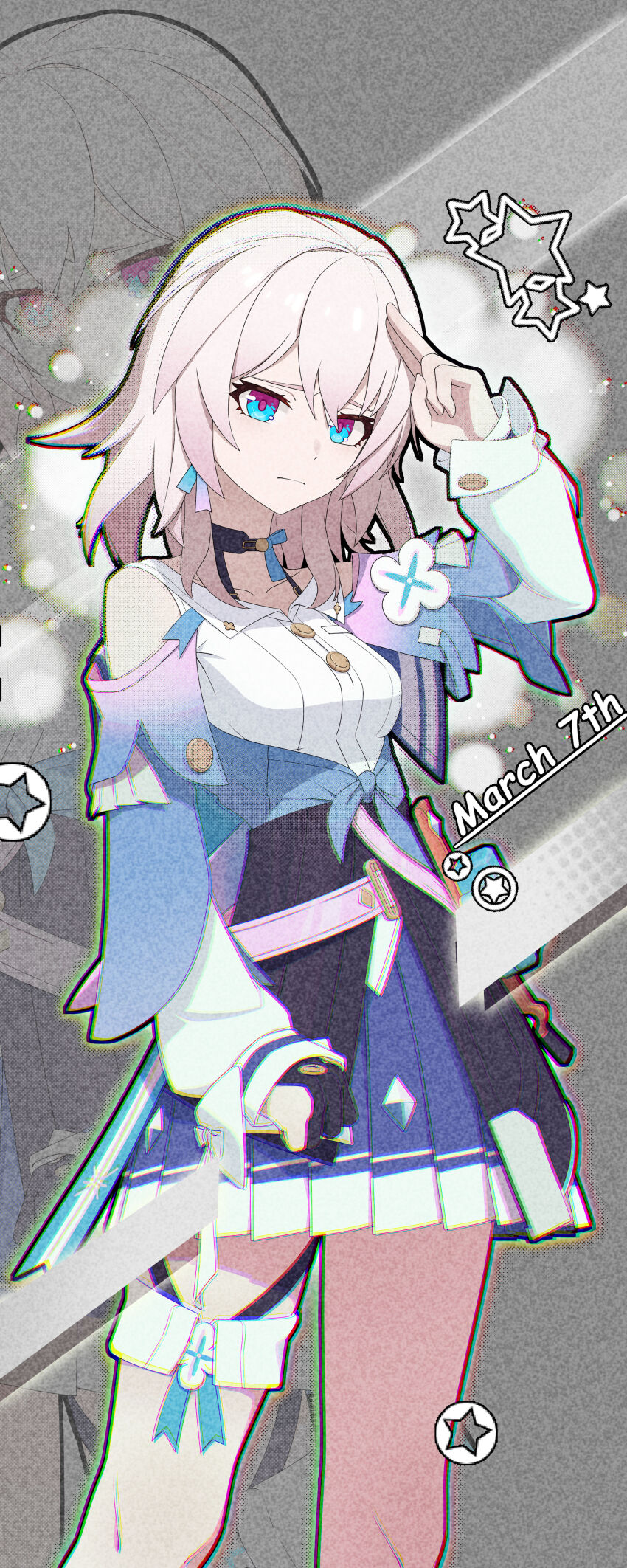 1girl absurdres black_choker black_corset black_gloves blue_eyes blue_jacket blue_skirt breasts buttons character_name choker chromatic_aberration corset cowboy_shot dress_shirt earrings flower_ornament gloves halftone hand_up highres honkai:_star_rail honkai_(series) jacket jewelry long_sleeves looking_down making-of_available march_7th_(honkai:_star_rail) march_7th_(preservation)_(honkai:_star_rail) medium_breasts medium_hair miniskirt multicolored_eyes partially_fingerless_gloves pink_eyes pink_hair pleated_skirt salute shirt single_earring single_glove skirt solo standing thigh_strap tied_jacket two-finger_salute two-tone_eyes white_shirt yikco zoom_layer