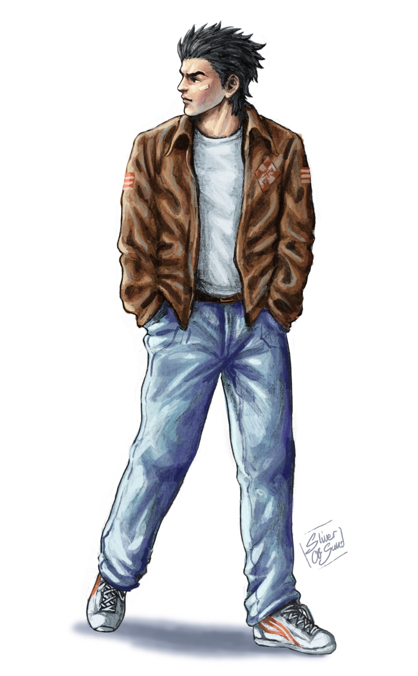 1boy absurdres bandage_on_face bandages belt black_hair brown_eyes brown_jacket denim full_body hands_in_pockets hazuki_ryou highres jacket jeans leather leather_jacket looking_to_the_side pants patch shenmue shenmue_i shirt shoes sideburns signature simple_background sliverofsand sneakers solo spiked_hair t-shirt thick_eyebrows white_background white_shirt white_shoes