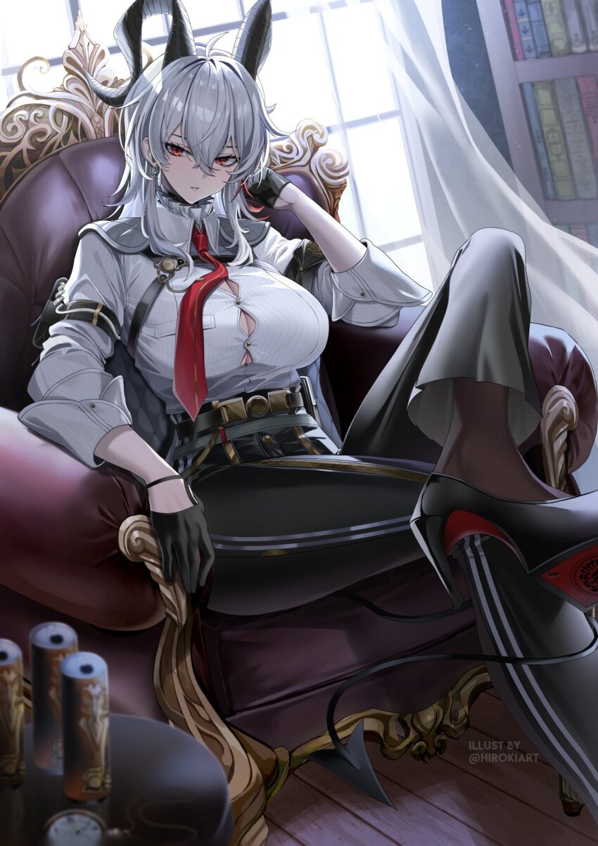 1girl ahoge armband belt black_armband black_belt black_gloves black_horns black_pants bookshelf breasts button_gap can chair chest_harness cleavage collar collared_shirt commentary crossed_legs curled_horns curtains demon_tail dress_shirt earrings energy_drink english_commentary frilled_collar frills gloves grey_hair half_gloves harness high-waist_pants high_heels highres hiroki_(hirokiart) horns indoors jacket jacket_on_shoulders jewelry key_earrings large_breasts medium_hair necktie pants quilted_cape red_eyes red_necktie shirt sidelocks sitting sleeves_rolled_up solo table tail tight_clothes tight_pants white_shirt window wooden_floor wuthering_waves zani_(wuthering_waves)