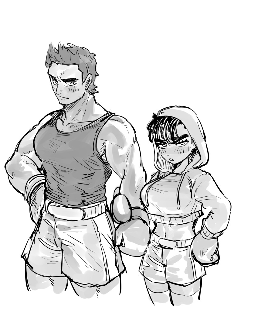 1boy 1girl black_hair boxing_gloves cowboy_shot crop_top dancho_no_mori drawstring dual_persona genderswap genderswap_(mtf) greyscale hood hood_up hoodie little_mac locked_arms monochrome muscular muscular_male navel nintendo punch-out!! shorts tank_top
