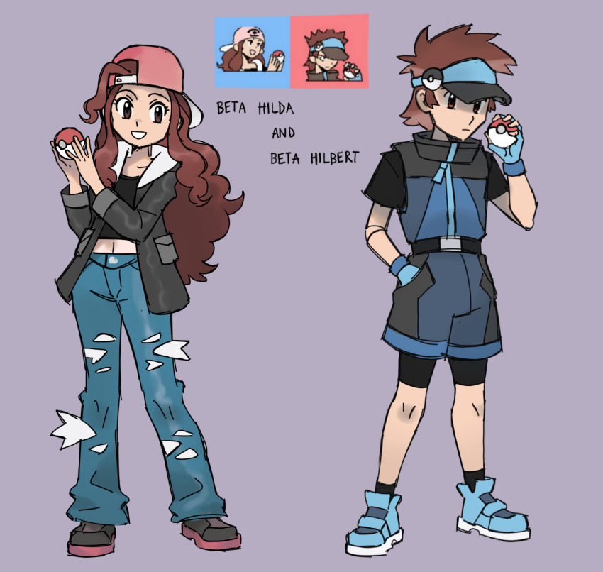 1boy 1girl 2024_pokemon_teraleak backwards_hat baseball_cap bike_shorts bike_shorts_under_shorts black_jacket black_visor crop_top grey_background hat highres hilbert_(pokemon)_(winonaparadise) hilda_(pokemon)_(winonaparadise) holding holding_poke_ball jacket mullet nintendo pants pink_hat poke_ball poke_ball_(basic) poke_ball_print pokemon pokemon_bw reference_inset shorts skipppppy sleeveless sleeveless_jacket torn_clothes torn_pants visor_cap