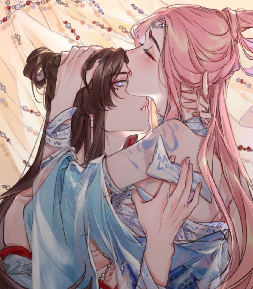 1boy 1girl beads between_fingers binglanxianqi bite_mark bite_mark_on_neck biting blue_hanfu blue_nails brown_hair chinese_clothes chinese_commentary circlet closed_eyes commentary_request curtains eyelashes eyeshadow fingernails hair_bun hand_on_another&#039;s_head hand_on_another&#039;s_neck hanfu hetero highres holding light_blush lipstick long_hair looking_at_viewer makeup marking_on_cheek nail_polish neck_biting nikki_(nikki) nikki_(series) ofuda ofuda_between_fingers parted_lips partially_undressed pink_eyeshadow pink_hair pink_hanfu pink_lips purple_eyes qin_yi shining_nikki shoulder_tattoo single_hair_bun tattoo teeth topknot upper_body very_long_hair