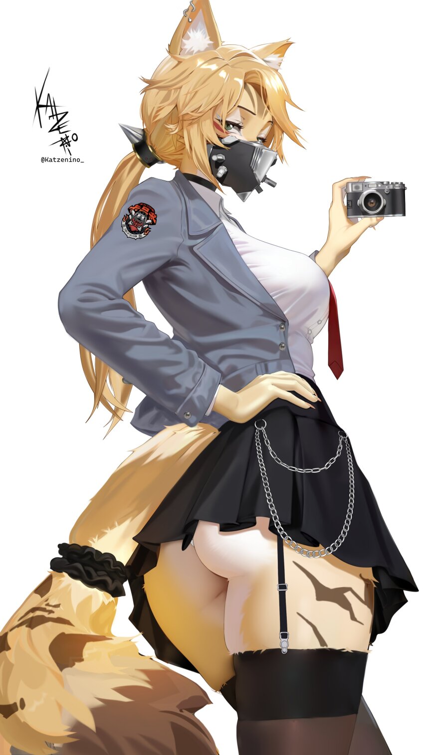 1girl absurdres animal_ears ass ass_focus black_skirt blonde_hair body_fur breasts camera cat_ears cat_girl chain choker commentary emblem facial_mark from_side furry furry_female garter_belt garter_straps hairband hand_on_own_hip highres holding holding_camera jacket katzenino looking_back mask necktie open_clothes open_jacket ponytail pulchra_fellini shirt sideways_glance signature simple_background skirt solo spiked_hairband spiked_mask spikes striped_fur tail tail_scrunchie thighhighs twitter_username white_background white_shirt zenless_zone_zero zettai_ryouiki