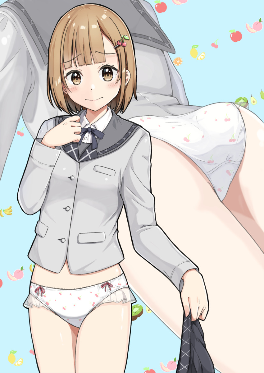1girl absurdres ass blue_background blunt_ends blush bow bow_panties breasts brown_eyes brown_hair buttons cherry_hair_ornament cherry_panties closed_mouth collared_shirt commentary_request commission cowboy_shot crotch_seam dress_shirt embarrassed food-themed_hair_ornament food_print frilled_panties frills fruit_background fruit_print grey_jacket grey_ribbon grey_sailor_collar grey_skirt hair_ornament hand_up highres holding holding_unworn_clothes holding_unworn_skirt jacket large_variant_set long_sleeves looking_at_viewer medium_hair multiple_views neck_ribbon negimiso1989 no_pants original panties picot_trim_panties pixiv_commission pleated_skirt raised_inner_eyebrows ribbon sailor_collar school_uniform serafuku shirt skirt small_breasts standing underwear unworn_skirt variant_set white_panties white_shirt zoom_layer