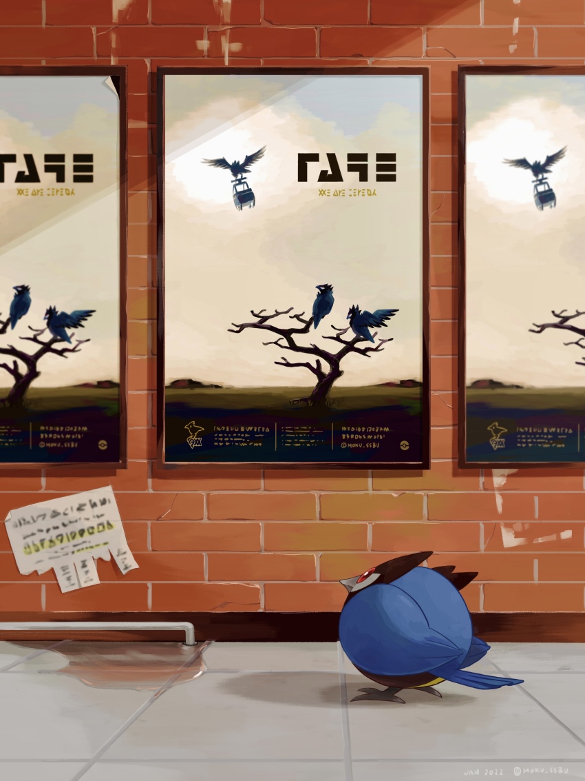 absurdres animal_focus bird brick_wall character_print closed_mouth commentary_request corviknight corvisquire crack cracked_wall gen_8_pokemon highres looking_up mokuzou_(moku_ssbu) nintendo no_humans pokemon pokemon_(creature) pokemon_focus poster_(object) red_eyes rookidee solo tile_floor tiles