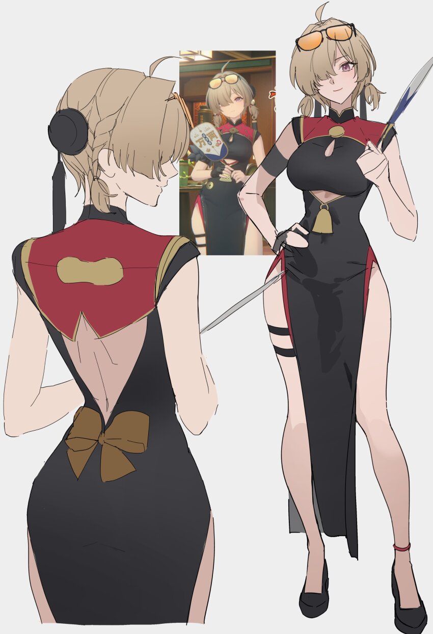 41097772s absurdres black_dress china_dress chinese_clothes clothing_cutout cutout_above_navel dress eyewear_on_head fingerless_gloves game_screenshot_inset gloves hair_over_one_eye hand_fan highres holding holding_fan pelvic_curtain single_fingerless_glove sunglasses sweety_(zenless_zone_zero) tinted_eyewear yellow-tinted_eyewear zenless_zone_zero