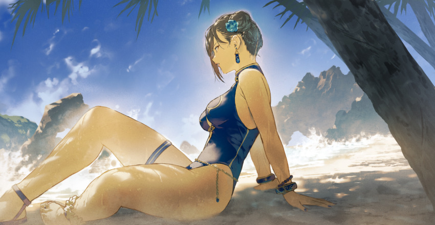 1girl beach blue_one-piece_swimsuit blue_sky capcom chun-li earrings fagi_(kakikaki) flower hair_flower hair_ornament jewelry official_alternate_costume one-piece_swimsuit outdoors sitting sky sleeveless smile solo street_fighter street_fighter_6 swimsuit thigh_strap tree