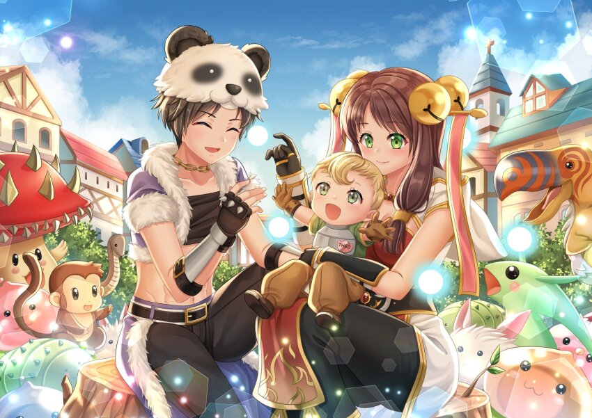 :3 :d bell black_gloves black_hair black_pants black_shirt blonde_hair blue_sky boa_(ragnarok_online) brown_gloves brown_hair brown_pants brown_shoes cape champion_(ragnarok_online) child closed_mouth cloud coat commission crop_top cropped_jacket day drops_(ragnarok_online) fabre feet_out_of_frame fingerless_gloves fur-trimmed_cape fur-trimmed_jacket fur_trim gloves gold_trim green_eyes hair_between_eyes hair_ornament hair_stick highres hood hood_down hooded_coat house jacket jingle_bell lunatic_(ragnarok_online) marin_(ragnarok_online) novice_(ragnarok_online) open_clothes open_jacket open_mouth outdoors panda_hat pants peco_peco petite_(ragnarok_online) poring purple_cape purple_jacket rabbit ragnarok_online shirt shoes short_sleeves sitting_on_tree_stump sky sleeveless sleeveless_coat slime_(creature) smile spore_(ragnarok_online) stalker_(ragnarok_online) vambraces villyane waist_cape white_coat yoyo_(ragnarok_online)