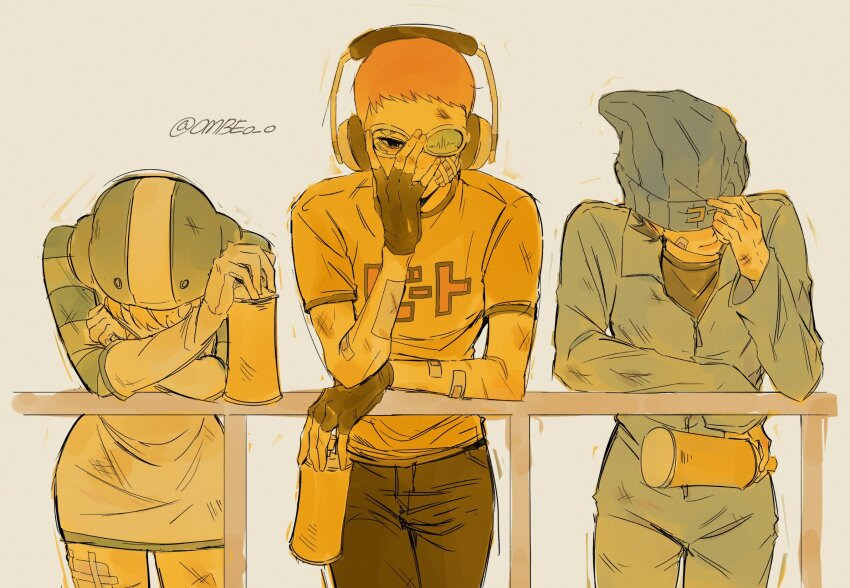 1girl 2boys bandages bandaid bandaid_on_arm beat_(jsr) black_hair blonde_hair broken_eyewear bruise covering_own_eyes crossed_arms denim dress fingerless_gloves gloves gum_(jsr) hand_on_railing hat_over_eyes headphones highres injury jeans jet_set_radio jumpsuit multiple_boys ombeo_o pants railing red_hair sepia_background shirt short_dress short_hair skullcap spray_can t-shirt tab_(jsr) twitter_username very_short_hair y2k_fashion