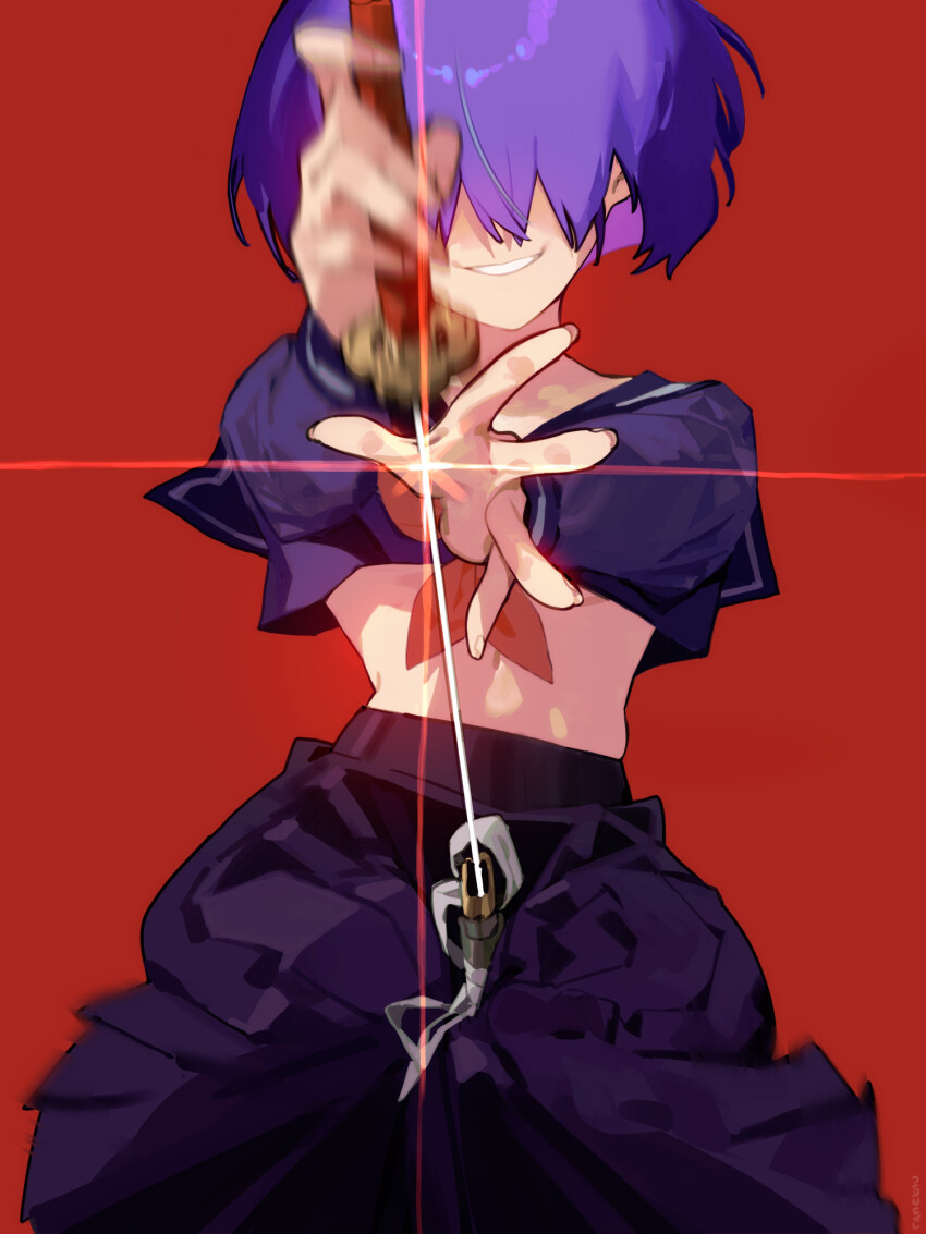 1girl crop_top facing_viewer glint grin hair_over_eyes high-waist_skirt highres holding holding_sword holding_weapon katana long_sleeves mara_(raneblu) midriff motion_blur original outstretched_arms purple_hair purple_shirt purple_skirt raneblu red_background sailor_collar sheath shirt short_hair sitting skirt smile solo sword unsheathing weapon
