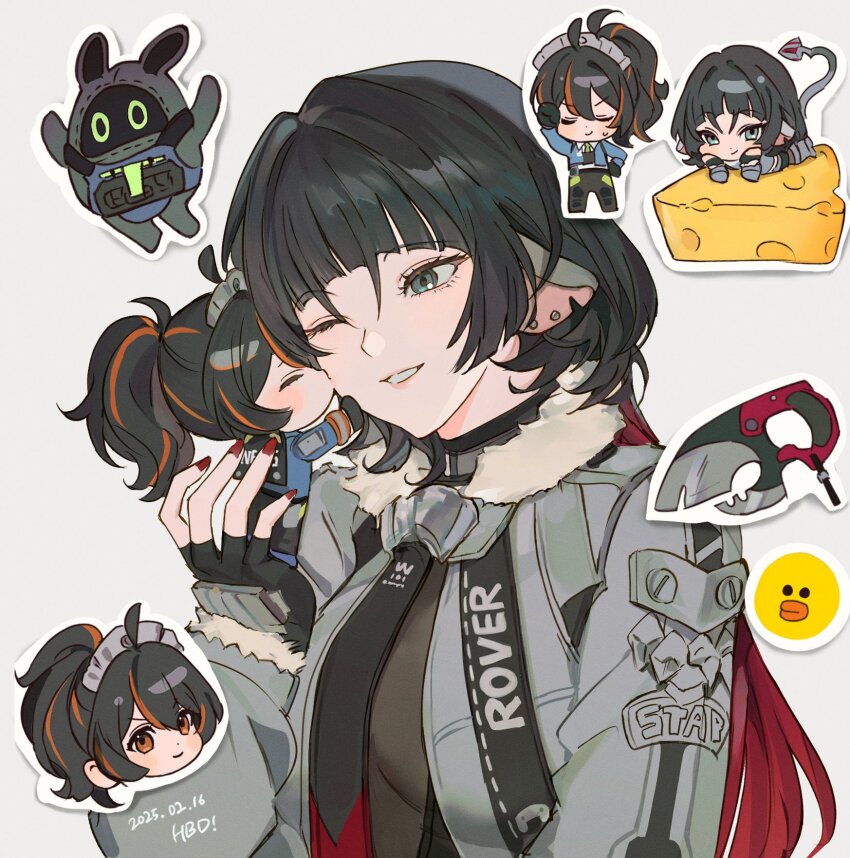 2girls animal_ears black_gloves black_hair black_necktie chibi chibi_inset chibiya1010 fingerless_gloves gloves green_eyes grey_background grey_jacket hair_between_eyes hairband highres jacket jane_doe_(zenless_zone_zero) kiss long_hair metal_hairband mouse_ears mouse_girl multicolored_hair multiple_girls necktie one_eye_closed open_mouth ponytail red_eyes red_hair red_nails securityboo_(zenless_zone_zero) streaked_hair upper_body yuri zenless_zone_zero zhu_yuan