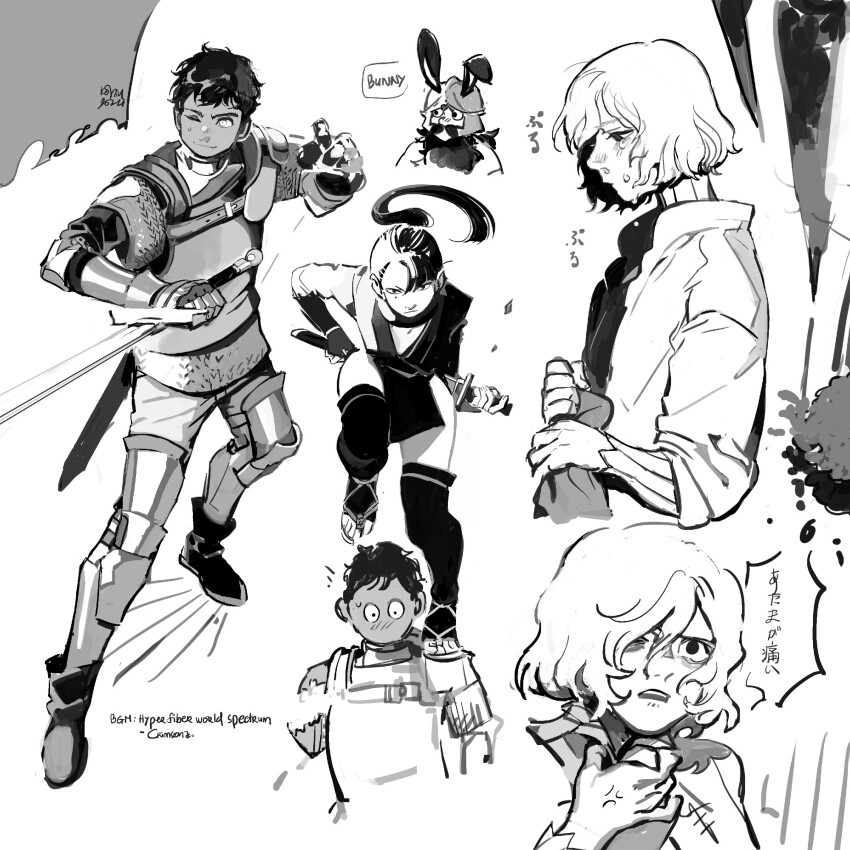 2girls 3boys anger_vein animal_ears armor bags_under_eyes bear boots crying crying_with_eyes_open dungeon_meshi english_text facial_hair falin_touden greyscale hand_on_hilt helmet hien highres holding holding_sword holding_weapon kabru kohiu mithrun monochrome multiple_boys multiple_girls mustache ninja o_o one_eye_closed ponytail rabbit_ears reverse_grip senshi_(dungeon_meshi) short_hair small_sweatdrop sword tears weapon