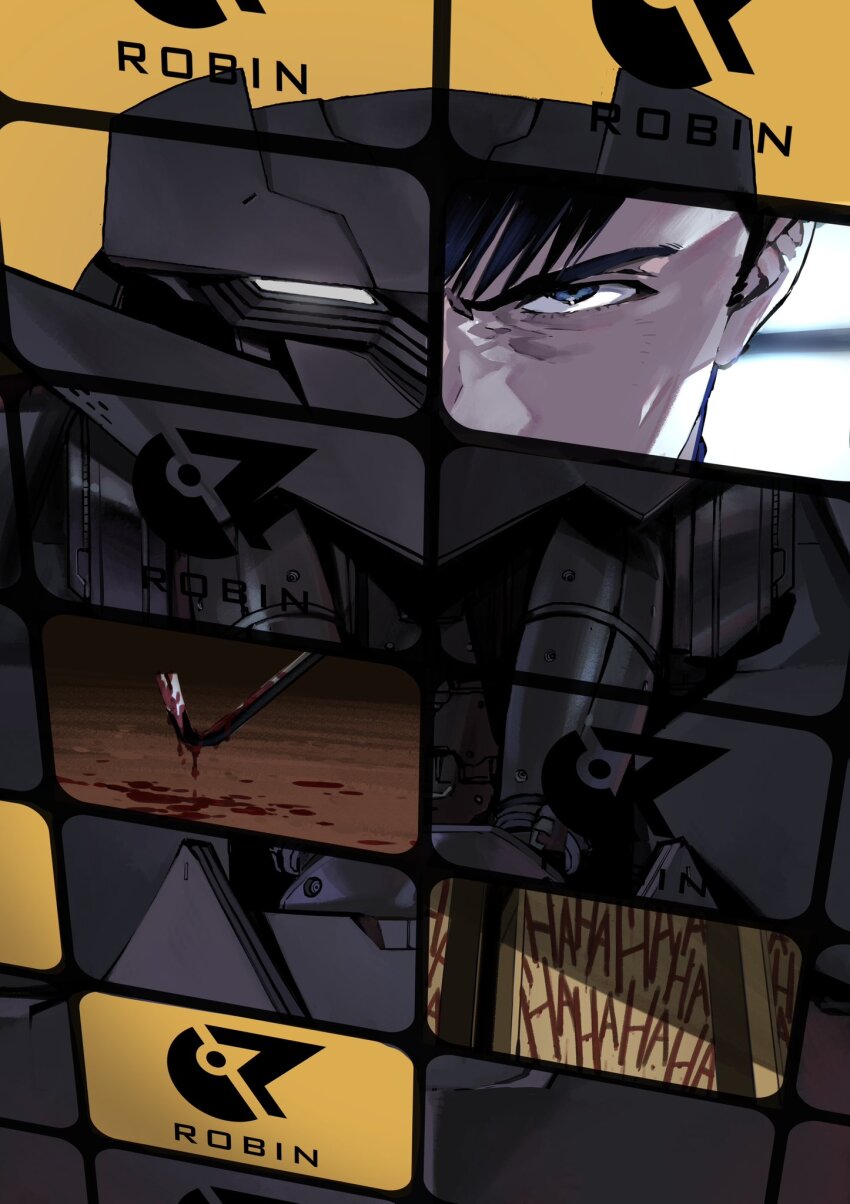 1boy armor batman batman_(series) batman_justice_buster black_hair blood bloody_weapon blue_eyes cover cover_page crowbar dc_comics highres holding holding_crowbar looking_at_viewer male_focus manga_cover official_art shimizu_eiichi shimoguchi_tomohiro weapon