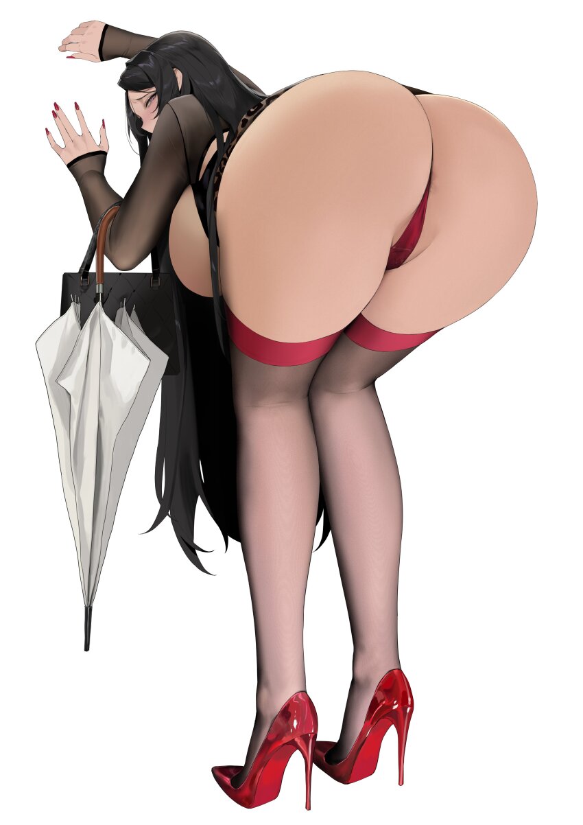 1girl absurdres alios_arvin anus anus_peek ass ass_focus backboob bag bent_over black_bag black_hair black_thighhighs breasts closed_umbrella flashing from_behind high_heels highres holding holding_bag holding_umbrella huge_breasts long_hair long_sleeves looking_at_viewer mature_female nail_polish original panties purple_eyes red_nails red_panties red_shoes shoes simple_background solo stiletto_heels thighhighs umbrella underwear very_long_hair white_background white_umbrella