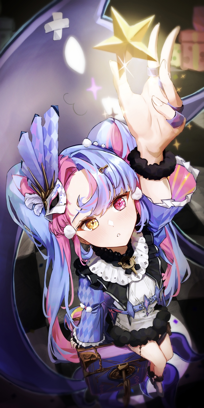1girl absurdres arm_up black_collar blue_hair checkered_floor collar commentary dress eye_mask from_above fur-trimmed_dress fur_trim heterochromia highres jewelry key_hair_ornament kuchigau long_hair mask mask_on_head multicolored_hair multiple_rings parted_lips pero_(wuthering_waves) pink_eyes pink_hair reaching ring roccia_(wuthering_waves) sitting star_(symbol) suitcase tacet_mark_(wuthering_waves) twintails two-tone_hair white_dress wuthering_waves yellow_eyes