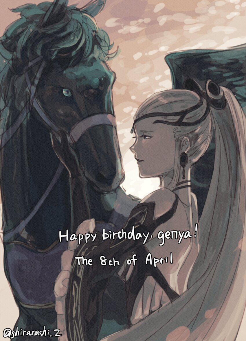 1girl 1other black_gloves black_tiara blue_eyes choker dated earrings eir_(fire_emblem) fire_emblem fire_emblem_heroes gloves grey_hair happy_birthday highres jewelry long_hair nintendo pale_skin pegasus ponytail shiranashi_z tiara twitter_username
