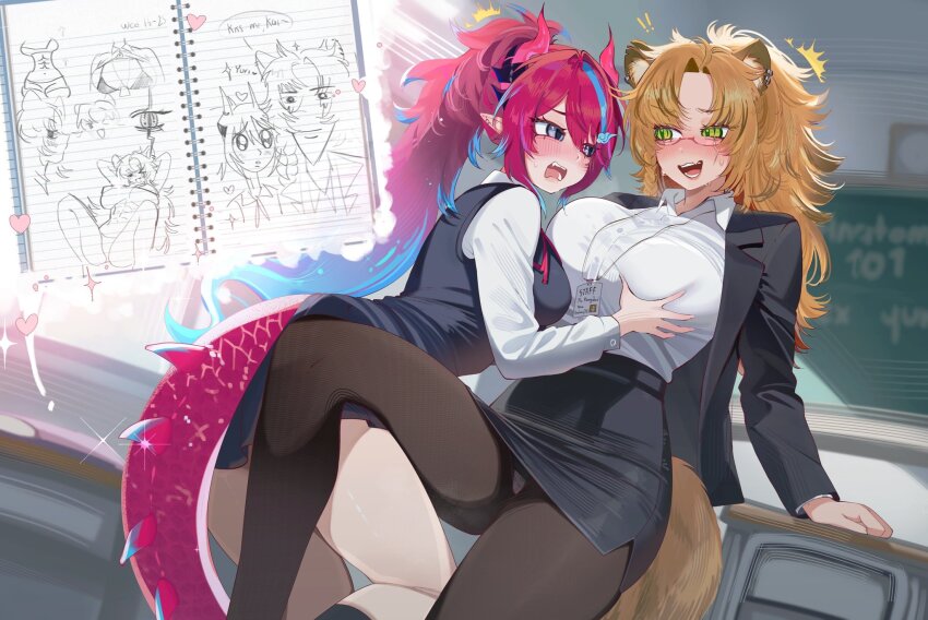 ! !! 2girls animal_ear_fluff black_jacket black_pantyhose black_skirt black_socks blue_hair blush chalkboard collared_shirt desk dragon_girl dragon_horns dragon_tail grabbing_another&#039;s_breast green_eyes grey_eyes groping highres horns hyena_ears hyena_girl idol_corp jacket kai_saikota long_hair long_sleeves ms._tsu multicolored_hair multiple_girls notebook open_clothes open_jacket open_mouth orange_hair pantyhose pink_hair pink_horns school_desk shirt skirt socks streaked_hair tail teacher_and_student virtual_youtuber white_shirt yena_youngblood yuri