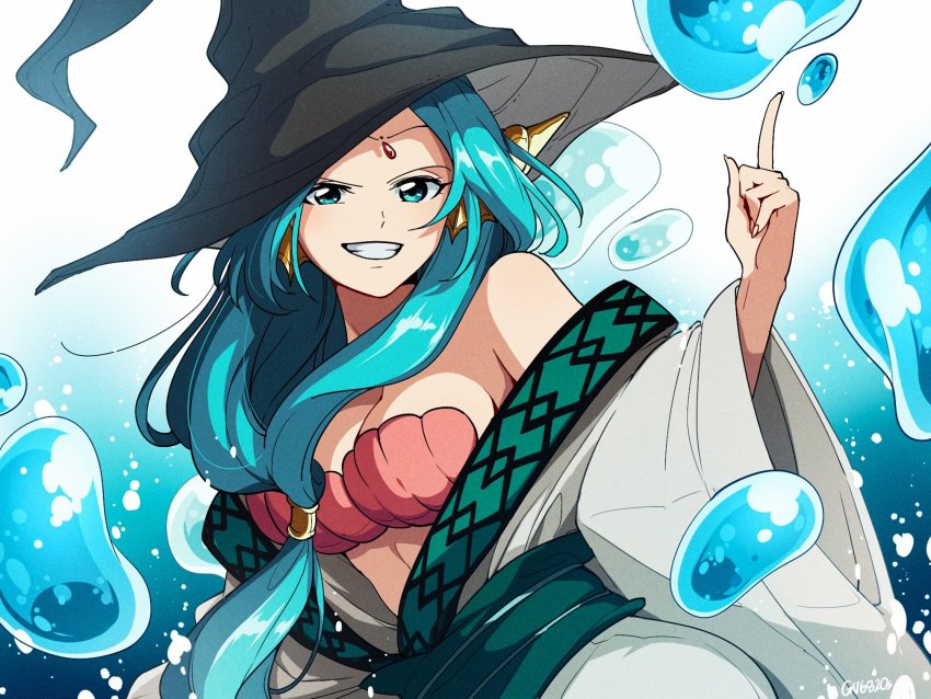 1girl artist_name bare_shoulders bikini black_hat blue_eyes blue_hair breasts cleavage female_focus hair_ornament hand_up hat headgear highres index_finger_raised jewelry large_breasts long_hair looking_at_viewer magi_the_labyrinth_of_magic robe sash seashell shell shell_bikini simple_background smile solo tama_azusa_hatsu upper_body water water_drop wide_sleeves witch_hat yamuraiha