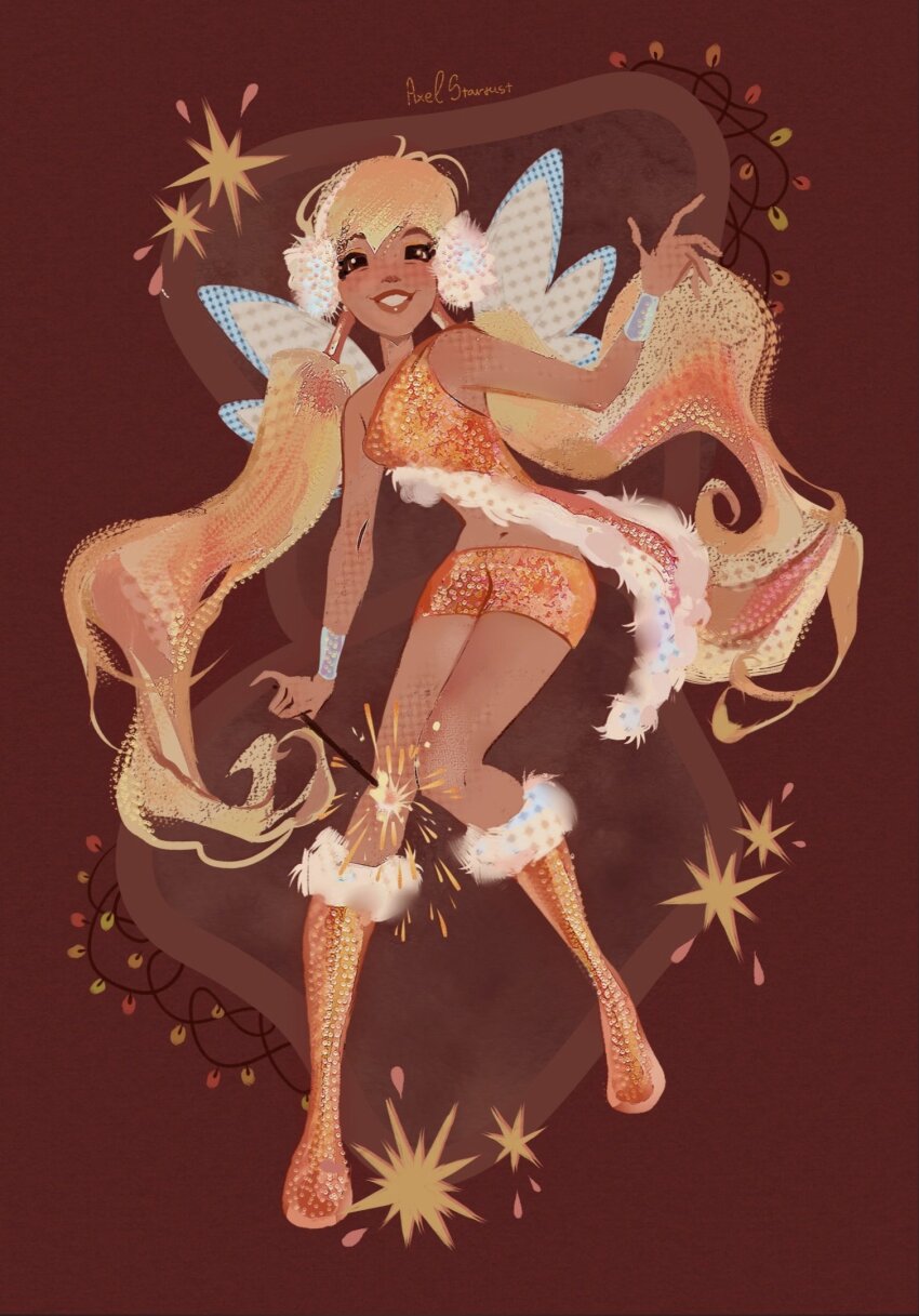 1girl adapted_costume asymmetrical_shirt blonde_hair boots bracer brown_eyes christmas christmas_lights commentary crop_top english_commentary fairy fairy_wings fireworks full_body fur-trimmed_boots fur-trimmed_shirt fur_trim glitter grin hair_tubes highres holding holding_fireworks knee_boots knees lipstick long_hair low_twintails magical_girl makeup midriff navel orange_boots orange_lips orange_shirt orange_shorts red_background shirt short_shorts shorts signature single_strap sleeveless sleeveless_shirt smile solo sparkler stardust_axel stella_(winx_club) twintails very_long_hair wavy_hair white_wings wings winx_club