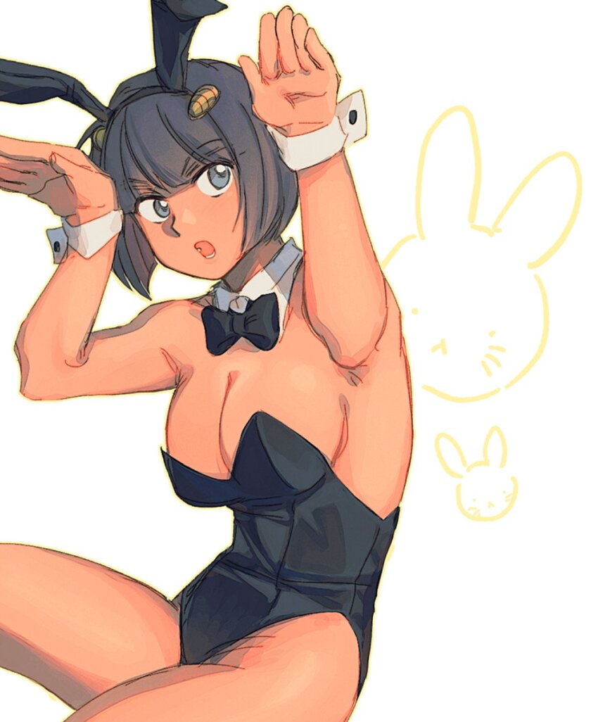 1girl animal_ears black_bow black_bowtie black_hair black_leotard bow bowtie breasts bruno_bucciarati cleavage commentary dark-skinned_female dark_skin detached_collar english_commentary fake_animal_ears genderswap genderswap_(mtf) green_eyes highres jojo_no_kimyou_na_bouken leotard looking_at_viewer malan open_mouth playboy_bunny rabbit_ears short_hair solo vento_aureo wrist_cuffs