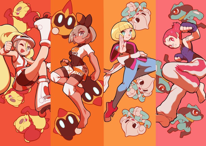 4girls ;d bandaid bandaid_on_arm bandaid_on_face bandaid_on_nose barefoot bea_(pokemon) bear_ringer bicycle_helmet bike_shorts blonde_hair bodysuit bodysuit_under_clothes bow_hairband breasts bright_pupils clenched_hand collared_shirt commentary_request eyelashes falinks fingerless_gloves gen_3_pokemon gen_4_pokemon gen_5_pokemon gen_8_pokemon gloves greta_(pokemon) grey_eyes grey_hair hair_between_eyes hairband helmet high_ponytail highres knee_pads korrina_(pokemon) leg_up long_hair maylene_(pokemon) meditite mienfoo multiple_girls nintendo one_eye_closed open_mouth partially_fingerless_gloves pink_eyes pink_hair pokemon pokemon_(creature) pokemon_dppt pokemon_emerald pokemon_rse pokemon_swsh pokemon_xy ponytail print_shirt print_shorts riolu roller_skates shirt short_hair short_sleeves shorts side_slit side_slit_shorts skates smile two_side_up white_pupils