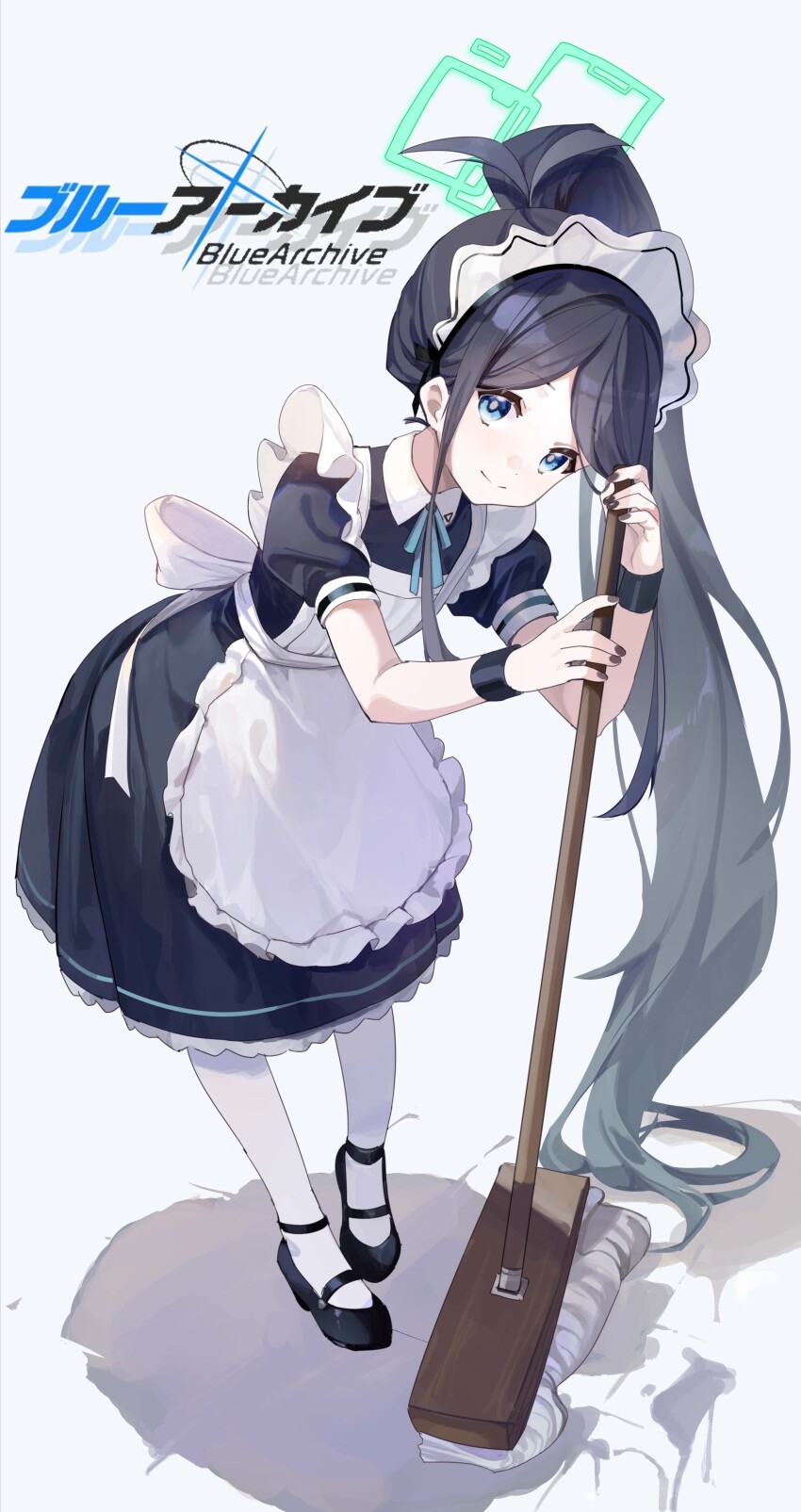 1girl absurdres apron aris_(blue_archive) aris_(maid)_(blue_archive) black_dress black_hair black_nails black_shoes blue_archive blue_eyes closed_mouth commentary copyright_name dress full_body green_halo halo high_ponytail highres hokushuu holding holding_mop leaning_forward loafers long_hair looking_at_viewer maid_apron maid_headdress mop official_alternate_costume pantyhose ponytail puffy_short_sleeves puffy_sleeves shoes short_sleeves smile solo standing very_long_hair white_pantyhose wristband