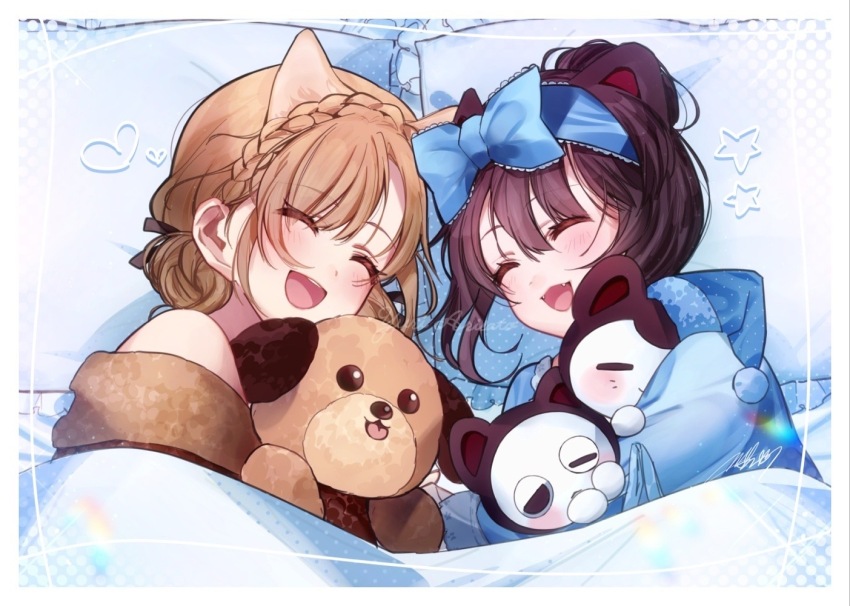 2girls animal_ears artist_name ban_(inui_toko) black_hair blue_bow blue_pajamas blush border bow braid brown_hair closed_eyes dog_ears fangs furen_e_lustario hair_between_eyes hair_bow heart holding holding_stuffed_toy inui_toko ken_(inui_toko) mar0maru multiple_girls nijisanji on_bed pajamas pillow smile star_(symbol) stuffed_animal stuffed_dog stuffed_toy under_covers updo virtual_youtuber white_border