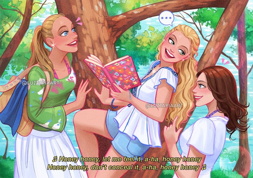 ... 3girls artist_name blonde_hair blue_eyes blue_shorts book brown_hair character_request day english_text green_eyes green_shirt holding holding_book long_hair looking_at_another luztapiaart mamma_mia!_(movie) multiple_girls open_book outdoors ponytail shirt short_shorts short_sleeves shorts skirt sophie_sheridan speech_bubble subtitled tree watermark white_shirt white_skirt