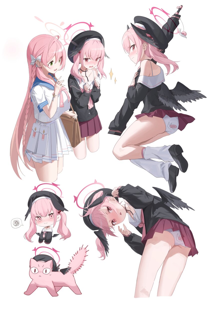 &lt;|&gt;_&lt;|&gt; 2girls absurdres ahoge animalization armpit_crease ass back-print_panties beret black_footwear black_headwear black_serafuku black_shirt black_wings blue_archive blush bow bracelet breasts cat chibi closed_mouth collarbone feathered_wings green_eyes hair_bow halo hanako_(blue_archive) hat head_wings highres jewelry koharu_(blue_archive) large_breasts long_hair long_sleeves loose_socks multiple_girls multiple_views nagul neckerchief off_shoulder panties pantyshot pink_eyes pink_hair pink_neckerchief pleated_skirt print_panties profile purple_skirt sailor_collar school_uniform serafuku shirt short_sleeves short_twintails skirt sleeves_past_wrists small_breasts snail_ornament snail_print socks sparkle spoken_squiggle squiggle sweatdrop thighs twintails underwear very_long_hair wavy_mouth white_bow white_panties white_sailor_collar white_shirt white_socks wings