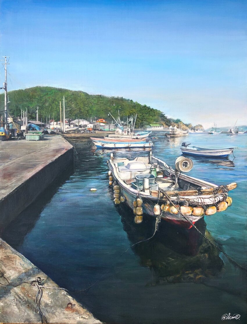 blue_sky boat building day dock highres latex_cult no_humans original painting_(medium) reflection reflective_water rope scenery shadow shore sky sunlight traditional_media tree water watercraft