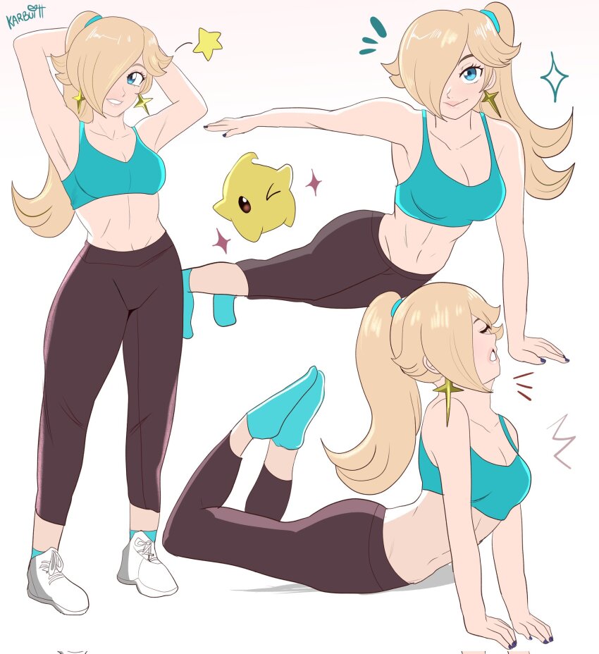 blonde_hair blue_eyes earrings hair_over_one_eye highres jewelry karbuitt leggings long_hair luma_(mario) mario_(series) multiple_views nail_polish nintendo ponytail rosalina sports_bra star_(symbol) star_earrings