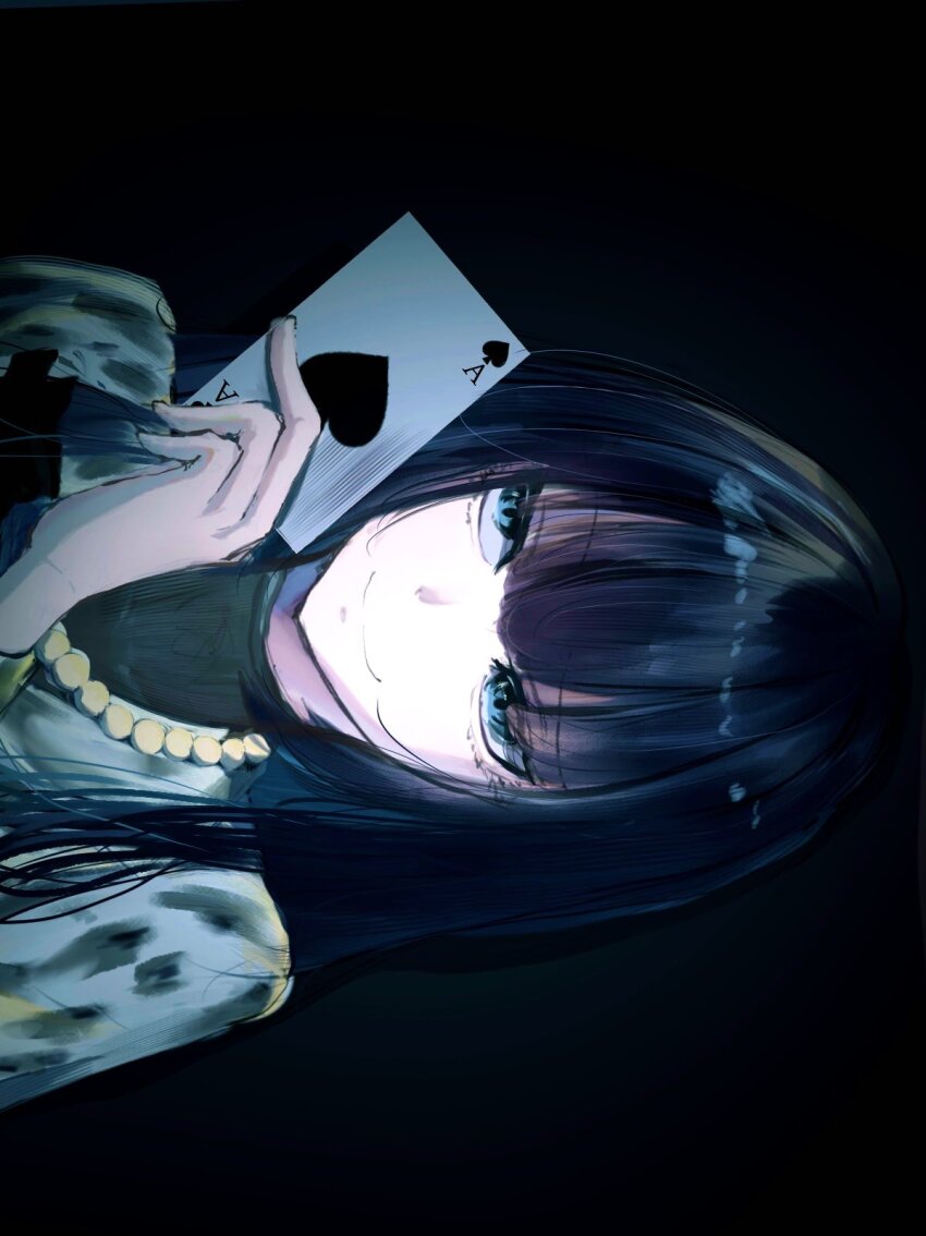 1girl ace_(playing_card) ace_of_spades ado_(utaite) bead_necklace beads blue_eyes blue_hair card chando_(ado) closed_mouth colored_inner_hair commentary hashtag-only_commentary highres holding holding_card jewelry long_hair looking_at_viewer multicolored_hair necklace playing_card sideways solo spade_(shape) tanake_(tanakei_ado) upper_body utaite