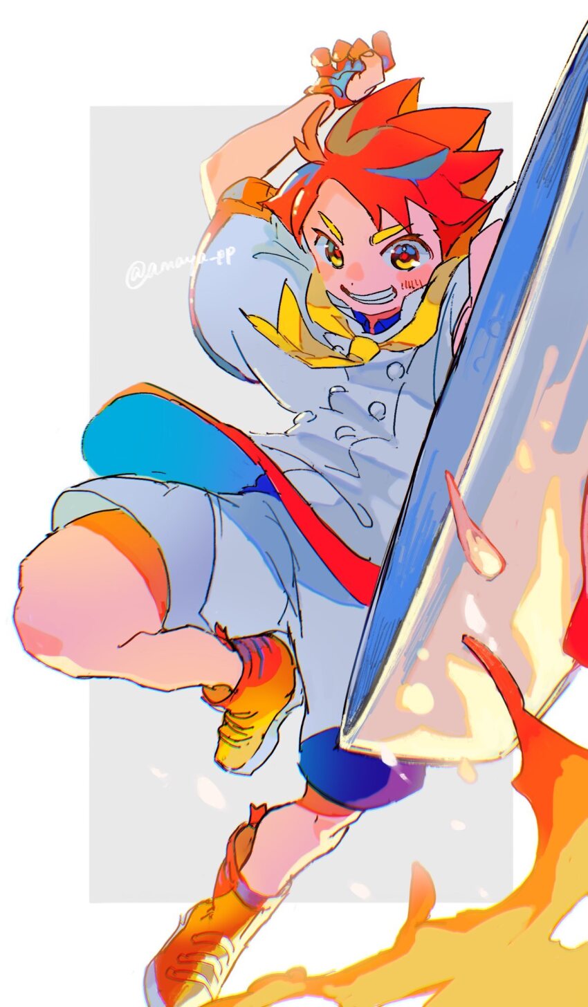 1boy ahoge amaya_uw arm_up ascot blue_shirt blush border buttons commentary_request crispin_(pokemon) fire frying_pan gloves grey_background grin highres holding holding_frying_pan jacket looking_down male_focus nintendo orange_shoes pokemon pokemon_sv red_hair shirt shoes short_hair shorts smile solo teeth twitter_username white_border yellow_ascot