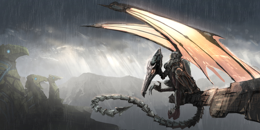 chozo_statue claws cloud cyborg dennou_manjuu glowing glowing_eyes hanagemissile highres light_rays meta_ridley metroid metroid_prime metroid_prime_1 mountain nintendo rain ridley teeth wings
