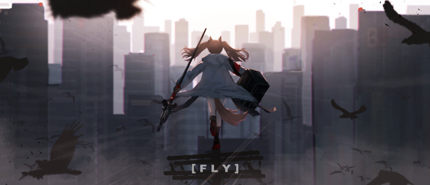 1girl absurdres angelina_(arknights) animal_ears antennae arknights bag bird black_bag black_socks brown_hair building chromatic_aberration city cityscape coat commentary day de4d_fish earpiece english_commentary english_text facing_away floating_clothes floating_hair flock fox_ears fox_girl fox_tail full_body high_up highres holding holding_staff kneehighs long_hair long_sleeves messenger_bag outdoors red_shoes scenery shoes shoulder_bag skyscraper socks solo staff standing tail title white_coat wide_shot