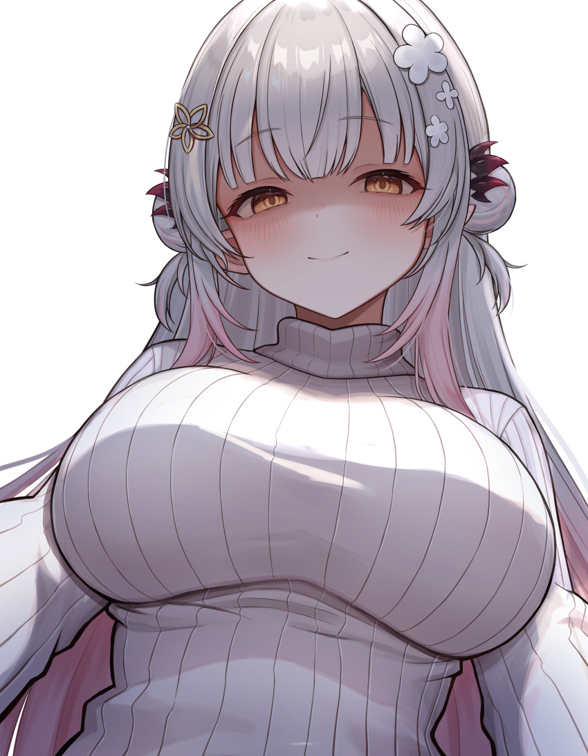 1girl absurdres blush breasts closed_mouth commentary_request daysss double_bun empty_eyes evil_smile flower grey_hair hair_bun hair_flower hair_ornament hairclip headgear highres indie_virtual_youtuber large_breasts long_hair long_sidelocks looking_at_viewer partially_shaded_face pink_hair ribbed_sweater side_up_bun sidelocks simple_background smile solo suou_patra sweater taut_sweater transparent_background turtleneck turtleneck_sweater upper_body virtual_youtuber white_sweater yandere