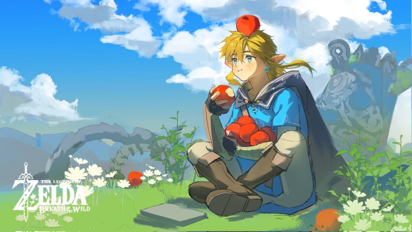 1boy apple black_cape blonde_hair blue_eyes blue_sky blue_tunic boots brown_boots brown_gloves brown_pants cape champion&#039;s_tunic_(zelda) cloud cloudy_sky copyright_name day earrings eating fingerless_gloves fold-over_boots food food_on_head fruit fruit_on_head gloves guardian_(zelda) hashtag-only_commentary highres holding holding_food holding_fruit indian_style jewelry link male_focus nintendo object_on_head on_grass pants pointy_ears sidelocks sitting sky solo the_legend_of_zelda the_legend_of_zelda:_breath_of_the_wild tunic yuemianning
