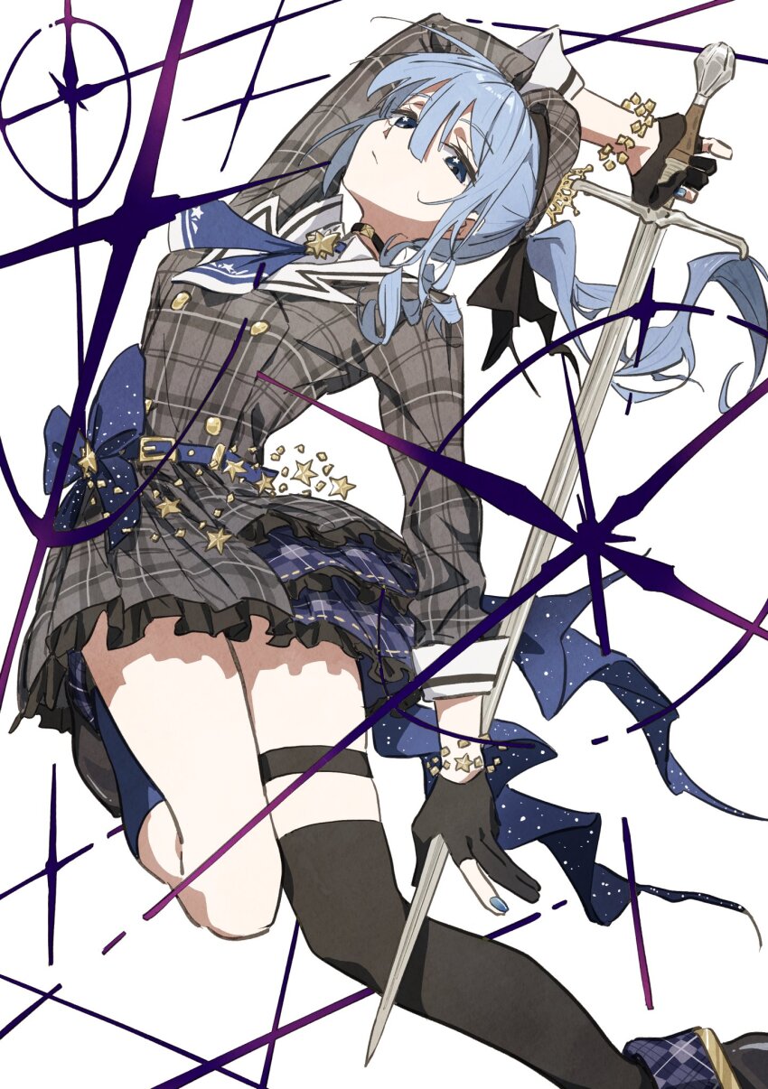 1girl arched_back arm_up ascot asymmetrical_legwear belt beret black_gloves black_thighhighs blue_ascot blue_belt blue_bow blue_eyes blue_hair blue_nails bow bracelet breasts buttons choker closed_mouth commentary_request crown double-breasted feet_out_of_frame gloves grey_hat grey_jacket grey_skirt hair_between_eyes hat highres holding holding_sword holding_weapon hololive hoshimachi_suisei hoshimachi_suisei_(1st_costume) jacket jewelry leg_up long_hair long_sleeves looking_at_viewer medium_breasts mini_crown outstretched_arm partially_fingerless_gloves plaid_clothes plaid_hat plaid_jacket plaid_skirt side_ponytail skirt solo star_(symbol) star_bracelet star_in_eye sword symbol_in_eye tauyoshi728 thigh_strap thighhighs uneven_legwear virtual_youtuber waist_bow weapon white_background
