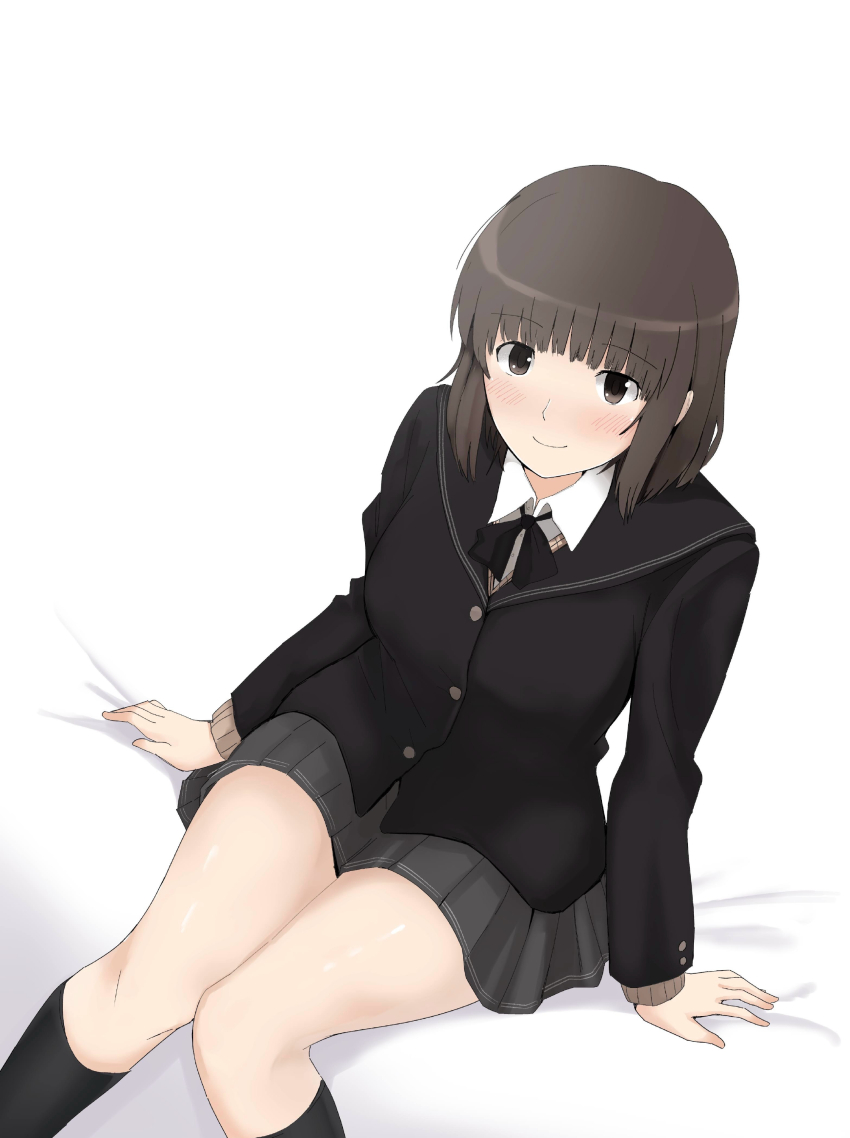 1girl absurdres amagami arm_support black_bow black_bowtie black_jacket black_sailor_collar blazer bow bowtie brown_eyes brown_hair brown_sweater collared_shirt feet_out_of_frame grey_skirt gyuunyuu_pack_(tanaka) highres invisible_chair jacket kibito_high_school_uniform kneehighs light_smile long_sleeves looking_at_viewer medium_hair miniskirt pleated_skirt sailor_collar school_uniform shirt sitting skirt socks sweater tanaka_keiko_(amagami) thighs white_shirt winter_uniform