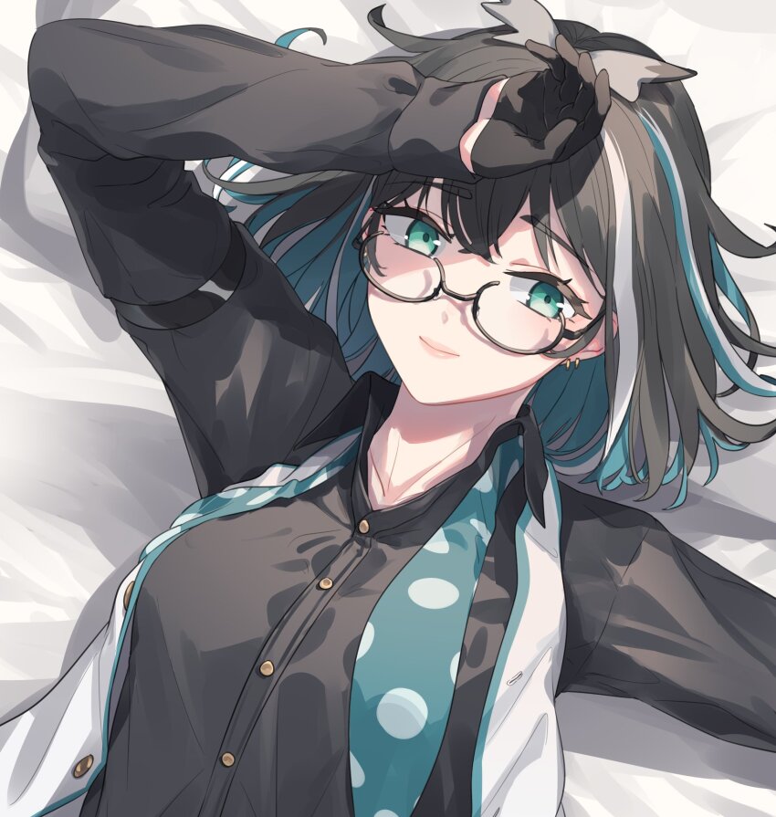 1girl atsushima black-framed_eyewear black_gloves black_hair black_shirt blue_eyes blue_hair blue_neckerchief breasts buttons closed_mouth collared_shirt commentary_request glasses gloves grey_wings head_wings highres long_sleeves looking_at_viewer medium_breasts multicolored_hair nanashi_inc. neckerchief open_clothes open_vest oura_rukako oura_rukako_(1st_costume) polka_dot_neckerchief shirt short_hair smile solo streaked_hair undone_neckerchief upper_body vest virtual_youtuber white_hair white_vest wings