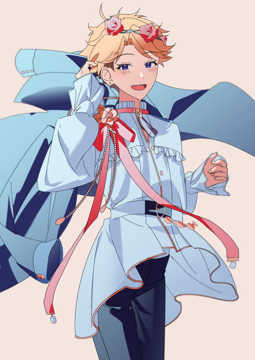 1boy :d absurdres adjusting_hair belt bishounen black_pants blonde_hair cowboy_shot dress_shirt earrings ensemble_stars! frilled_sleeves frills girly_boy gold_trim head_wreath heidbd high-low_shirt highres jacket jacket_on_shoulders jaggy_lines jewelry light_blush long_sleeves looking_at_viewer male_focus narukami_arashi o-ring o-ring_belt open_mouth pants parted_hair pleated_shirt purple_eyes shirt short_hair side_part sideways_glance simple_background sleeves_past_wrists smile solo standing stud_earrings teeth three_quarter_view upper_teeth_only white_background wind