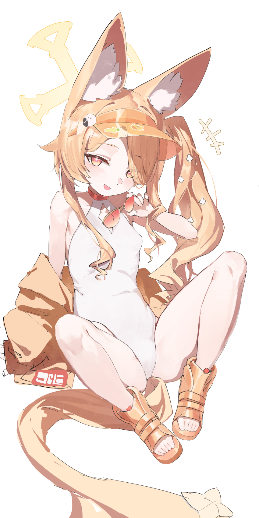+++ 1girl :d above-cleavage_cutout absurdres animal_ear_fluff animal_ears arm_out_of_sleeve arm_support armpit_crease bare_legs bare_shoulders berserker_r bird_hat_ornament blonde_hair blue_archive breasts casual_one-piece_swimsuit chinese_commentary choker clothing_cutout collarbone commentary_request covered_navel cross_halo curly_sidelocks diamond_cutout dot_nose eyes_visible_through_hair feet fox_ears fox_girl fox_tail full_body gold_sandals groin_tendon hair_over_one_eye halo halo_behind_head halterneck hand_up highleg highleg_one-piece_swimsuit highres holding holding_removed_eyewear jacket jacket_partially_removed knees knees_apart_feet_together knees_up leaning_back legs_folded light_blush loli long_bangs long_hair long_sleeves looking_at_viewer low_drills m_legs multicolored_eyes off_shoulder one-piece_swimsuit open_clothes open_jacket open_mouth orange-tinted_eyewear orange_choker petite sandals seia_(blue_archive) seia_(swimsuit)_(blue_archive) side_part side_ponytail sidelocks simple_background sitting small_breasts smile solo spread_legs sticker swimsuit tail tail_ornament thighs tinted_eyewear toenails toes two-tone_eyes unworn_eyewear very_long_hair very_long_tail visor_cap white_background white_one-piece_swimsuit yellow_eyes yellow_halo yellow_jacket yellow_sandals yellow_tail yellow_visor