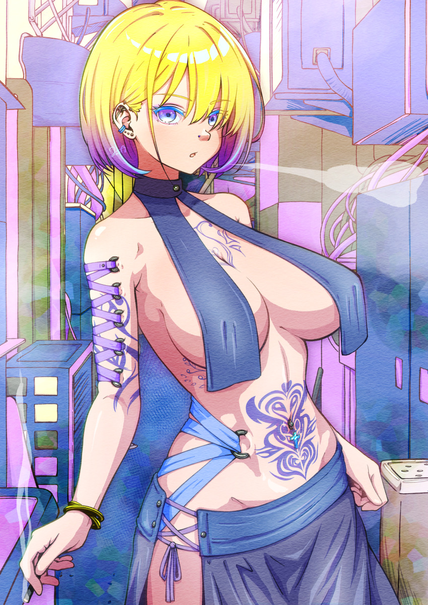 arm_tattoo armpit_crease barbell_piercing bare_hips bare_shoulders blonde_hair blue_eyes breast_curtains breasts chest_tattoo cigarette collarbone corset_piercing cross curvy ear_piercing expressionless face_piercing gradient_eyes gradient_hair groin highres industrial_piercing jason_jmca large_breasts latin_cross multicolored_eyes multicolored_hair multiple_piercings navel_piercing nose_piercing original parted_lips piercing purple_eyes purple_hair rib_tattoo smoke stomach_tattoo tattoo