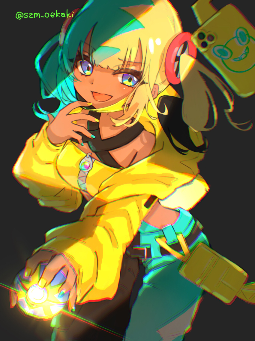 1girl :d ank836 bandeau belt black_belt blue_eyes canari_(pokemon) commentary_request eyelashes gen_4_pokemon grey_background happy highres holding holding_poke_ball jacket long_sleeves mask mask_pull mouth_mask multicolored_hair nail_polish nintendo open_clothes open_jacket open_mouth pants poke_ball pokemon pokemon_legends:_z-a quick_ball rotom rotom_phone smile twintails watermark yellow_bandeau yellow_jacket zipper zipper_pull_tab